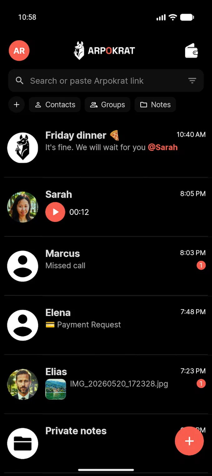 Список переписок в Arpokrat Messenger